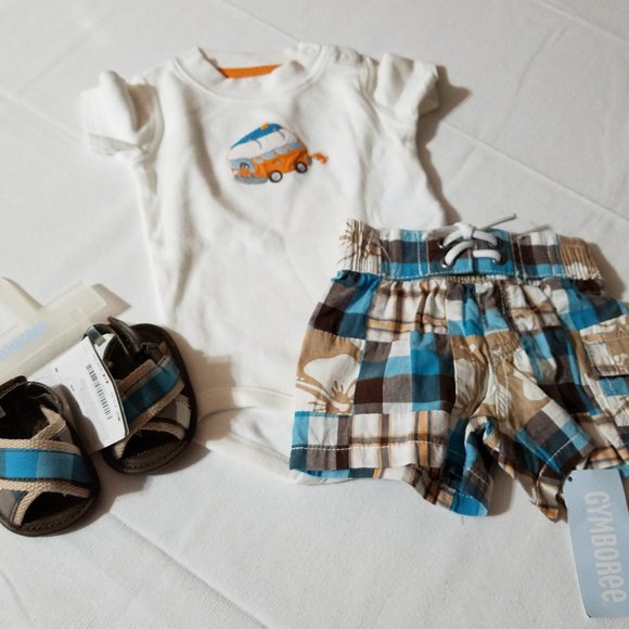 Gymboree Little Surfer Dude 0-3 Month NWT Bodysuit & Shorts, size 01 Sandals. - Picture 1 of 3